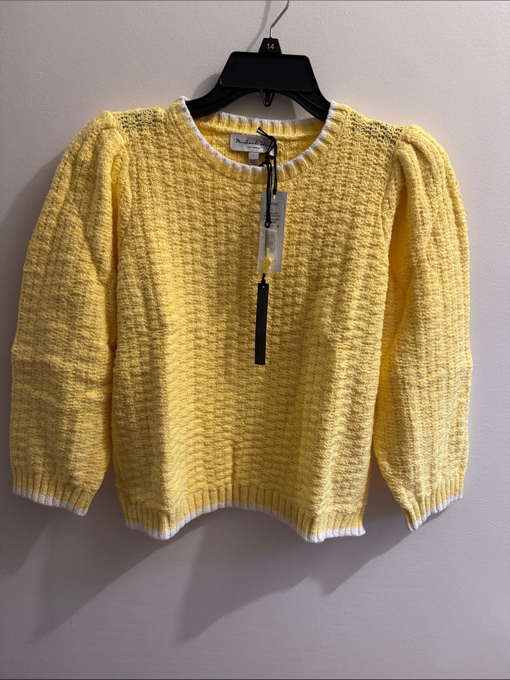 Michael Stars Bright Yellow Textured Puff-Sleeve Sweater with White Trim